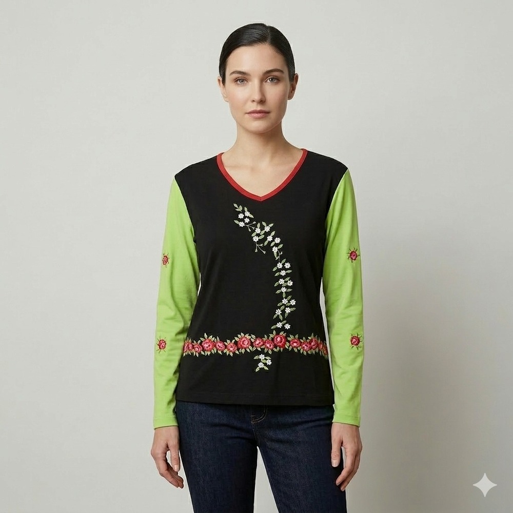 Vtg 90s Y2K Floral Embroidered Colorblock Top Med Cotton Black‎ Lime Green NWOT
